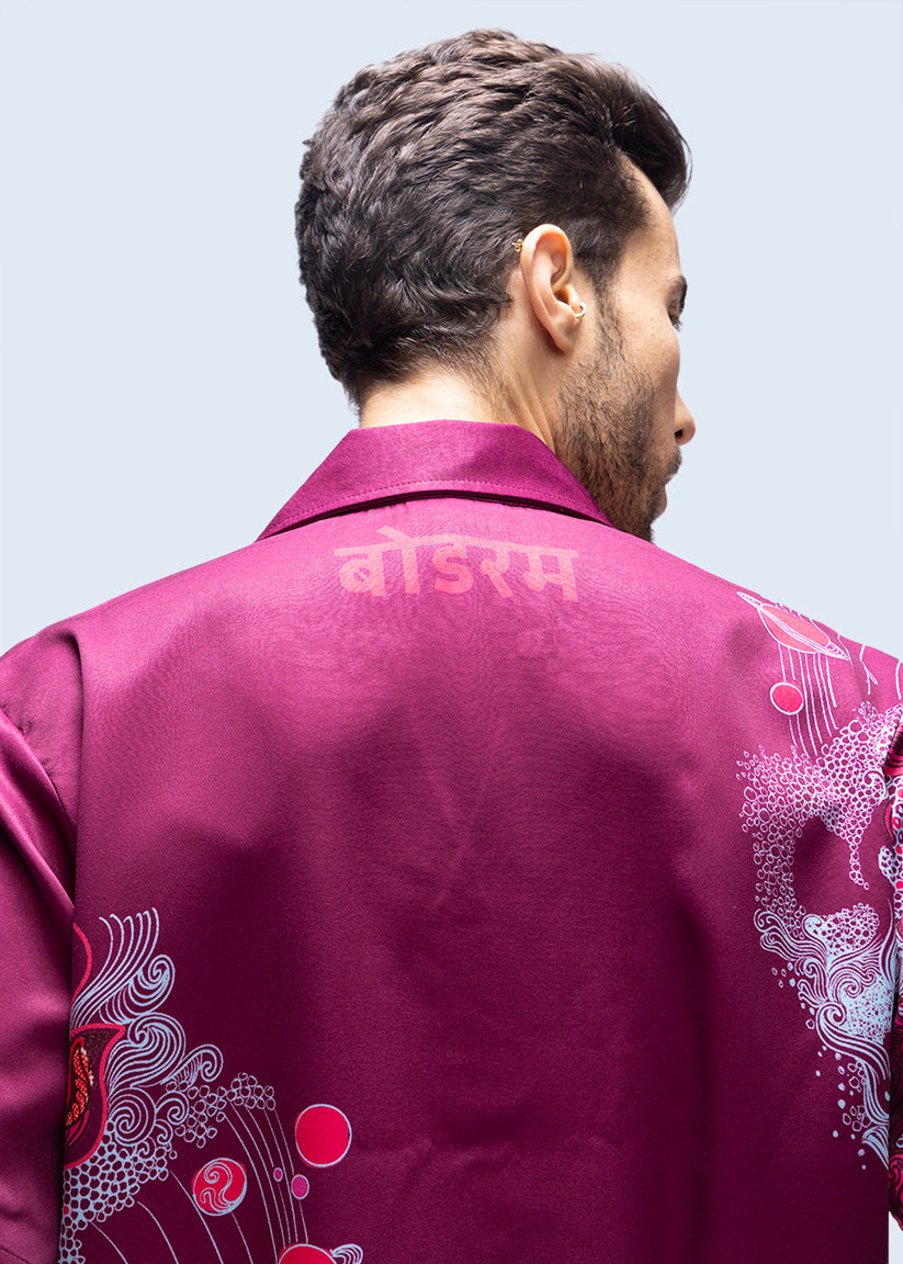 Model wearing cosmic blue tee